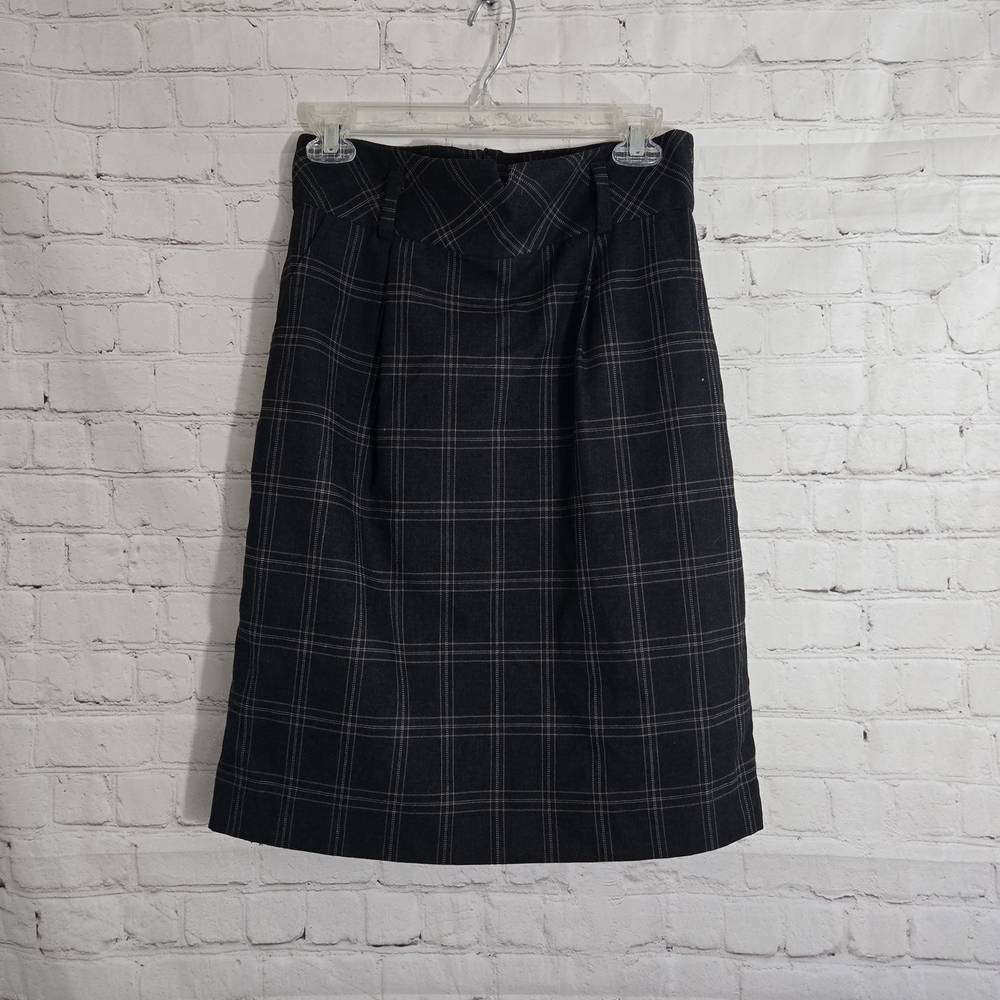 Trina Turk Skirt 8 Gray Brown Plaid Woven Lined Pleated Pockets Academia Preppy